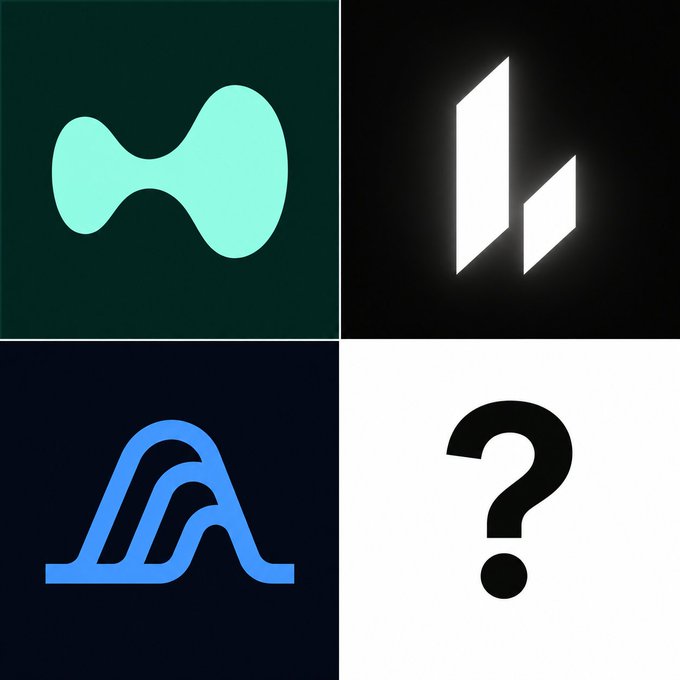 A four-panel image showing three logos (a teal rounded shape on dark green background, white geometric shapes on black, and a blue layered arch design on dark navy) alongside a black question mark on white.