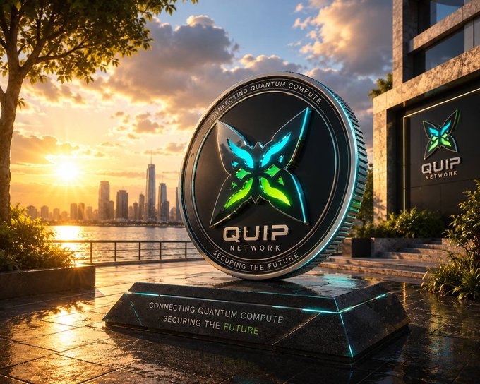 3D rendered promotional image of a QUIP NETWORK coin with the slogans 'CONNECTING QUANTUM COMPUTE' and 'SECURING THE FUTURE' against a city skyline at sunset.