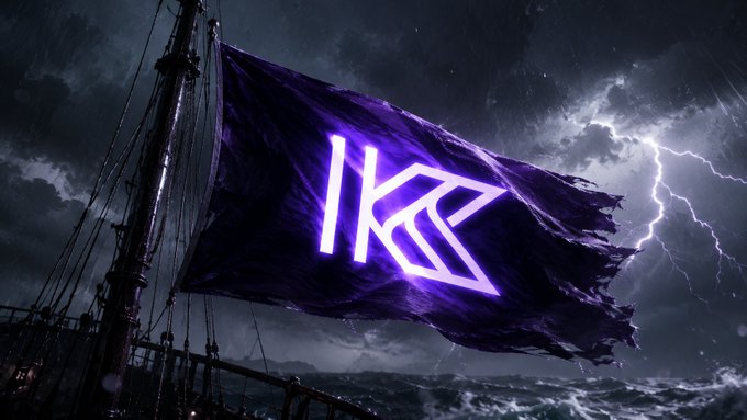 A tattered purple flag bearing the glowing "Kii" logo billows atop a ship's mast during a fierce storm with lightning, evoking the adventurous spirit of KiiChain's ambitious plans to build a layer 1 blockchain for real-world financial infrastructure across emerging markets.