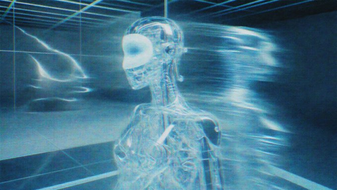 A translucent digital figure stands in a blue-tinted grid space, its face partially dissolving into streaks of light. The ethereal, data-like rendering evokes the theme of identity and value being obscured or manipulated, mirroring the post's warning that headline metrics on agentic payment volume are a facade masking a far smaller reality of genuine settlement.