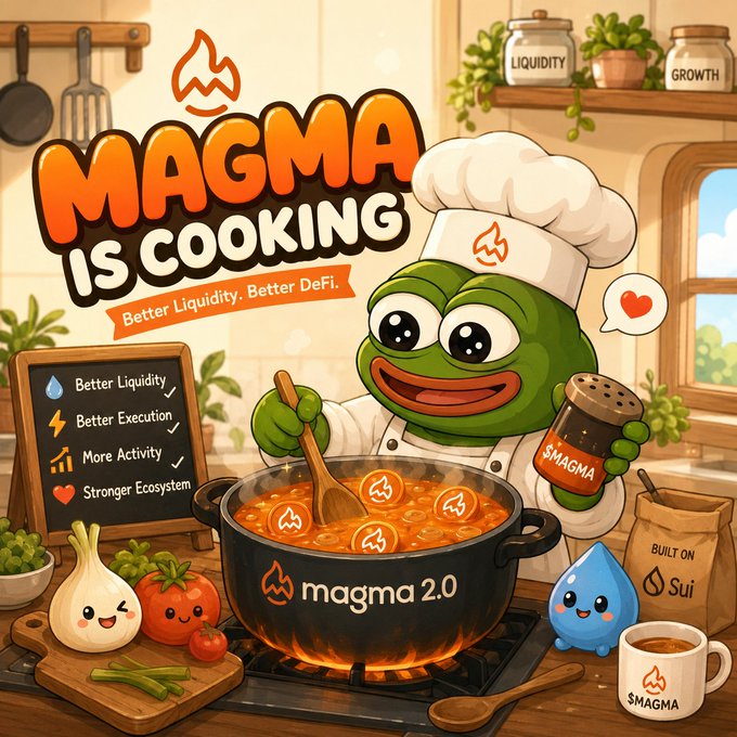A cartoon promotional image for 'MAGMA IS COOKING' featuring a green Pepe-like character in a chef's hat cooking in a pot labeled 'magma 2.0', with text 'Better Liquidity. Better DeFi.' and a bag labeled 'BUILT ON Sui'.