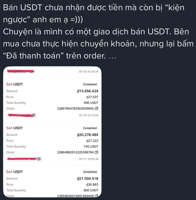 A screenshot of a crypto P2P trading history showing three "Sell USDT" orders marked as "Completed" with amounts of ₫13,656,424 (496 USDT), ₫20,278,484 (745 USDT), and ₫21,504,518 (800 USDT), illustrating a case where a seller received an unfair reverse dispute after releasing USDT without first confirming payment.