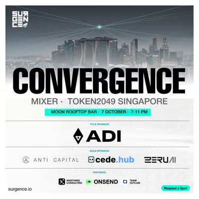An event poster for 'CONVERGENCE MIXER · TOKEN2049 SINGAPORE' at Moon Rooftop Bar on 7 October, sponsored by ADI, ANTI CAPITAL, cede.hub, and BERU AI.