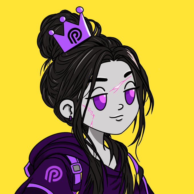 An anime-style illustration of a girl with dark hair in a bun, glowing purple eyes, cracked skin details, and a small purple crown, set against a bright yellow background.