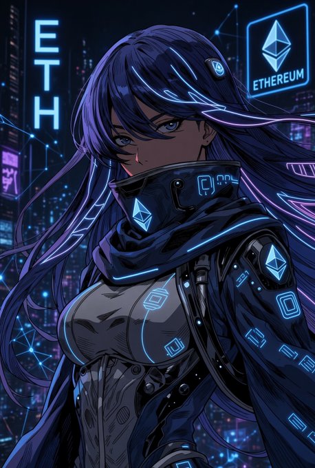 Anime-style cyberpunk artwork of a blue-haired woman in futuristic armor with glowing neon circuitry and Ethereum (ETH) logos, standing before a cityscape with "ETH" signage and the "Ethereum" diamond logo displayed.