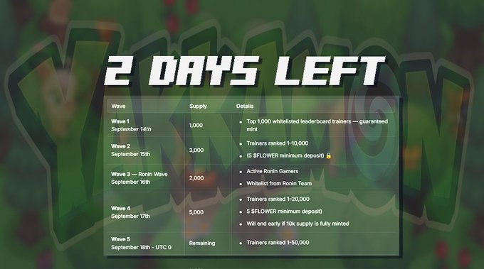 A promotional graphic titled '2 DAYS LEFT' detailing the waves, supply, and requirements for a 'Ronin Gamers' whitelist mint, including $FLOWER token deposits and trainer rankings.