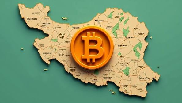 A 3D-rendered map of Iran with an orange Bitcoin coin symbol placed over the center of the country.