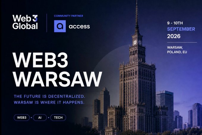 A promotional banner for "Web3 Global" featuring Access Protocol as a community partner, advertising the "WEB3 WARSAW" conference scheduled for September 9-10th, 2026 in Warsaw, Poland, with tags for WEB3, AI, and TECH, and the tagline "THE FUTURE IS DECENTRALIZED. WARSAW IS WHERE IT HAPPENS." The image aligns with the post by visually highlighting Access Protocol's community partnership role in the major Polish blockchain event.