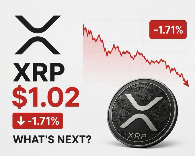 A cryptocurrency graphic for XRP showing a price of $1.02 with a -1.71% decline, featuring the XRP logo and a downward-trending red price chart.