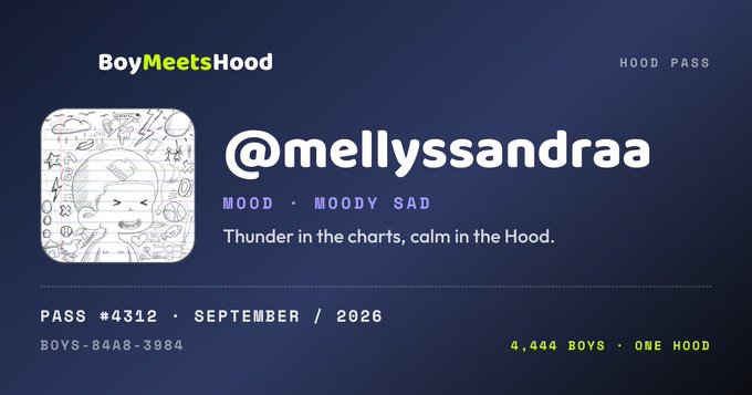 A digital membership pass from 'BoyMeetsHood' for user '@mellyssandraa' tagged 'MOOD · MOODY SAD' with the tagline 'Thunder in the charts, calm in the Hood,' identified as PASS #4312, SEPTEMBER / 2026.