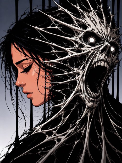 A dark comic-style illustration depicting a woman's serene face merging with a terrifying screaming skull-like creature with glowing eyes.