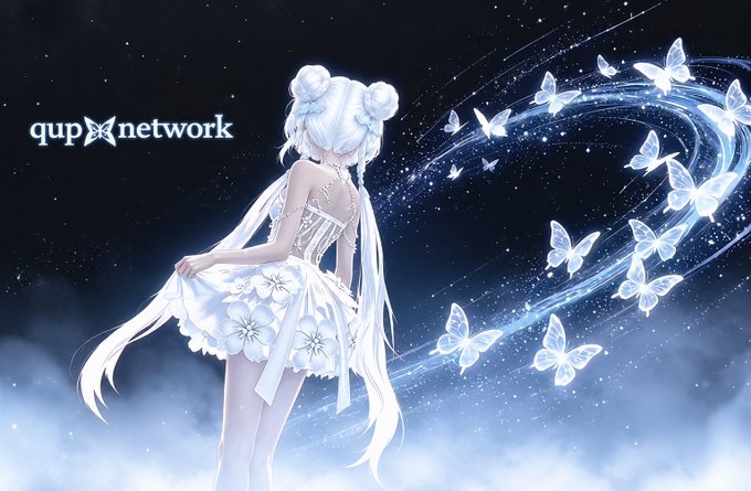 The image features a woman with white hair, dressed in a white dress, standing against a black background that resembles outer space. She appears to be looking up at something or someone above her. The background also includes numerous butterflies floating around her, adding a sense of movement and life to the scene. The post is titled "Up&Network" and has a watermark that reads "Web3".