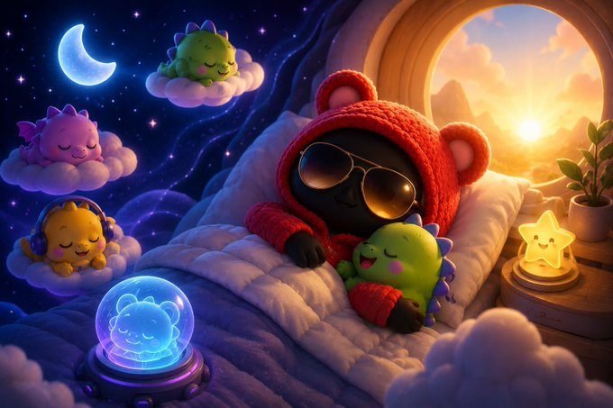 A whimsical digital illustration of a black cat in a red bear hoodie and sunglasses sleeping on a bed, surrounded by cute dinosaur-like creatures on clouds, a crescent moon, stars, a glowing orb, and a star-shaped nightlight.