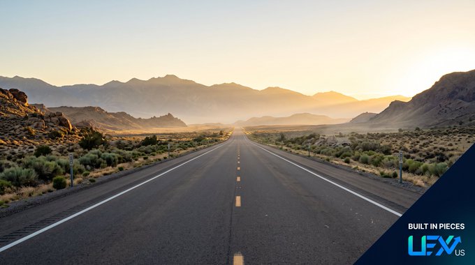 A scenic photograph of an empty highway stretching toward mountains at sunset, with a watermark in the bottom right reading 'BUILT IN PIECES LFX.us'.