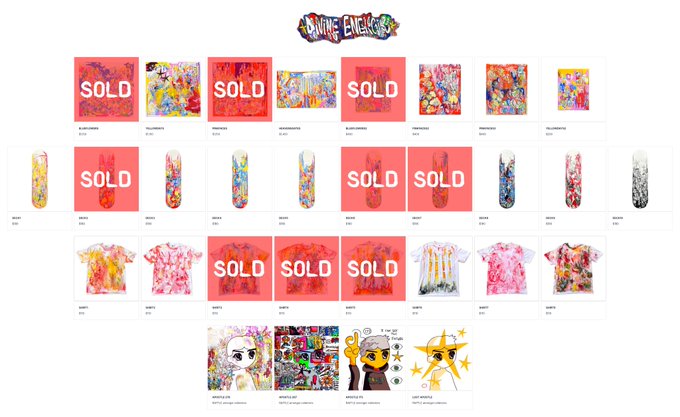 An online store titled 'LIVING ENEMIES' displaying a grid of colorful, anime-style artwork products like skateboards, t-shirts, and prints, with several items marked with large red 'SOLD' overlays.