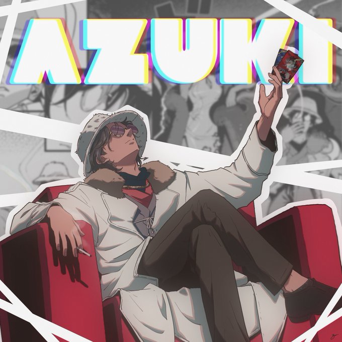 An anime-style character lounges confidently in a red armchair, holding up a card, with the stylized "AZUKI" text displayed prominently across the top, introducing the character as Zero.