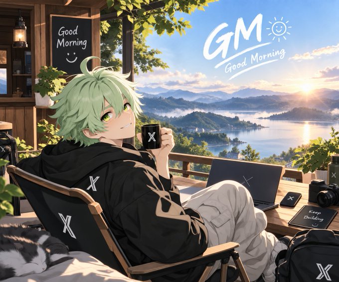 An anime-style illustration of a green-haired character with 'GM Good Morning' text, sitting with a laptop and coffee mug overlooking a lake at sunrise.