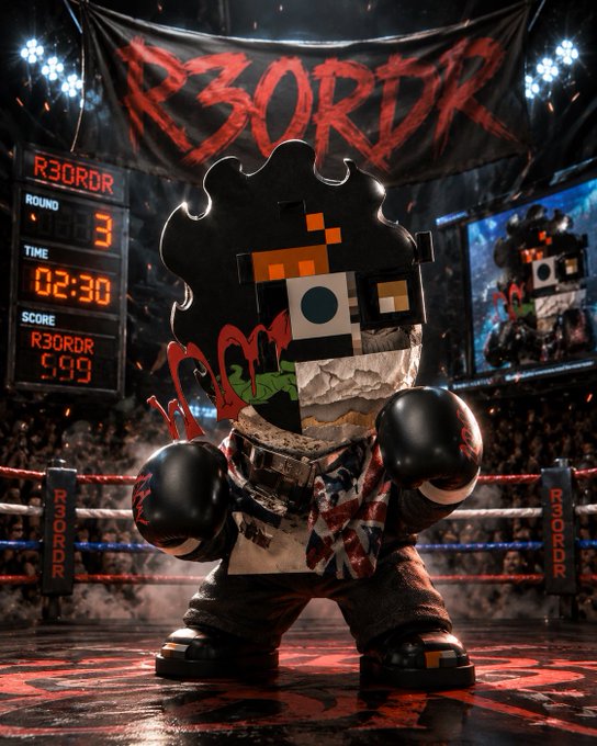 A digital illustration of a stylized boxer character with a blocky, pixelated face and a dark, cloud-like head, wearing boxing gloves in a ring with a banner reading 'R3ORDR' overhead.