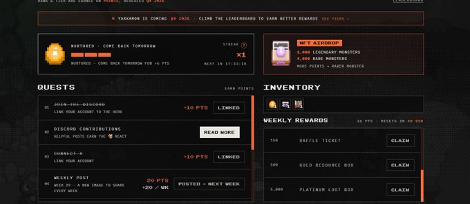 A gaming dashboard interface showing quests, inventory, and weekly rewards including raffle tickets, gold resource boxes, and platinum loot boxes, with an NFT airdrop promotion.
