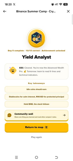 A screenshot of a mobile app screen for 'Binance Summer Camp', showing 'Day 5 complete - 13/13 correct' and a 'Yield Analyst' lesson with key takeaways like 'Stablecoins for calm interest'.