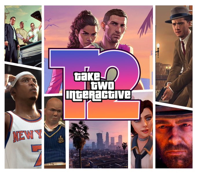 The image features a promotional collage for Take-Two Interactive, displaying the company's "12" logo over various video game character artwork alongside the "$TTWO" ticker. It relates to the post by visually branding Take-Two Interactive's Q1 earnings report, with the gaming imagery reinforcing the company's identity as a major video game publisher, including the highly anticipated GTA VI.
