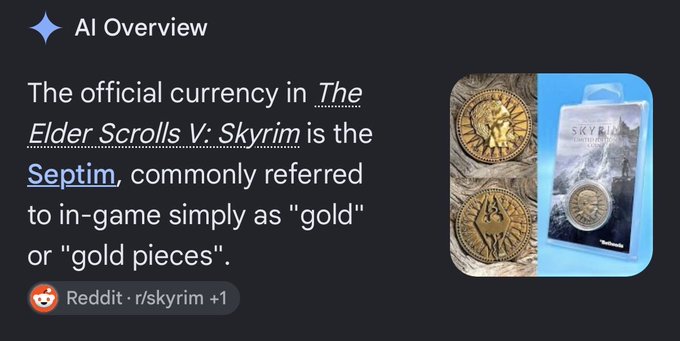 An AI Overview screenshot states that "The official currency in The Elder Scrolls V: Skyrim is the Septim," with a Reddit citation from r/skyrim and an image of Skyrim-themed collectible coins. The image appears unrelated to the accompanying post, which discusses crypto token "meta," transaction fees, and Solana-based tokens like NEET and LMAO.