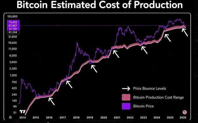 A chart titled 'Bitcoin Estimated Cost of Production' showing Bitcoin's price (purple line) alongside the production cost range (pink band) from 2014 to 2026, with arrows marking 'Price Bounce Levels.'
