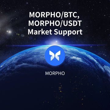 The image features a planet with stars, which serves as the backdrop for an announcement about Morpho's new digital asset Kamino Finance (MORPHO). The text "Announcement on the Start of Trading Support for New Digital Asset Kamino Finance (KMNO), Morpho" is displayed in white letters above the planet. Below this, there are two blue butterflies fluttering around a star, symbolizing the start of trading support for the new digital asset.
