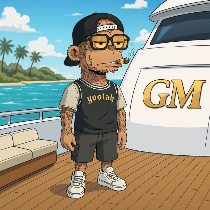 An NFT-style cartoon illustration of a furry character wearing a 'yootah' shirt and smoking a cigar on a yacht with 'GM' on the hull.