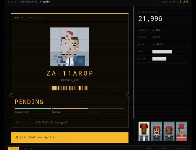 A ZADDR Whitelist interface displaying a pixel art character with the Z-address 'ZA-11AR8P' and application details for zcash.