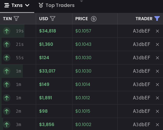 A crypto transaction tracker displays a series of large USD buy orders by trader "A3dbEF" for $CASHCAT at prices around $0.10, including a notable $34,818 purchase just 19 seconds ago, supporting the post's excitement about heavy buying activity.