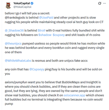 The image shows a post by YokaiCapital (@YokaiCapital) on X (formerly Twitter) accusing several crypto influencers and projects of engaging in manipulative practices within the Solana ecosystem. The post specifically names @frankdegods (behind @UsePaid), @Shadow36 (behind $troll), @theunipcs, @WhiteWhaleLabs, and @Cupsey as part of alleged "bundle" schemes involving bundled wallets and rug pulls. It also warns followers about alleged misinformation campaigns by projects like $axiom and $pumpfun regarding Bubblemaps and $INSIGHTX.