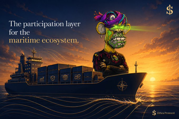 A promotional banner reading 'The participation layer for the maritime ecosystem' featuring a colorful pirate character on a cargo ship at sunset, branded with Ethra Protocol.