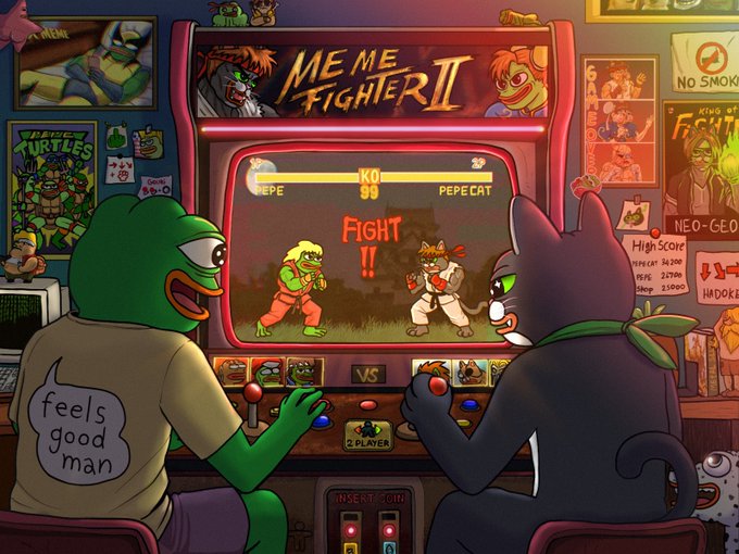 A cartoon illustration of Pepe the Frog and a black cat playing 'Meme Fighter II' on an arcade cabinet, surrounded by various retro game posters.