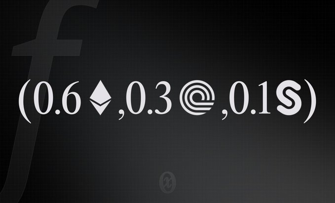 White text on a dark background reads "(0.6♦, 0.3⊜, 0.1$)" with a faint Facebook 'f' logo in the background, indicating a stylized token distribution.