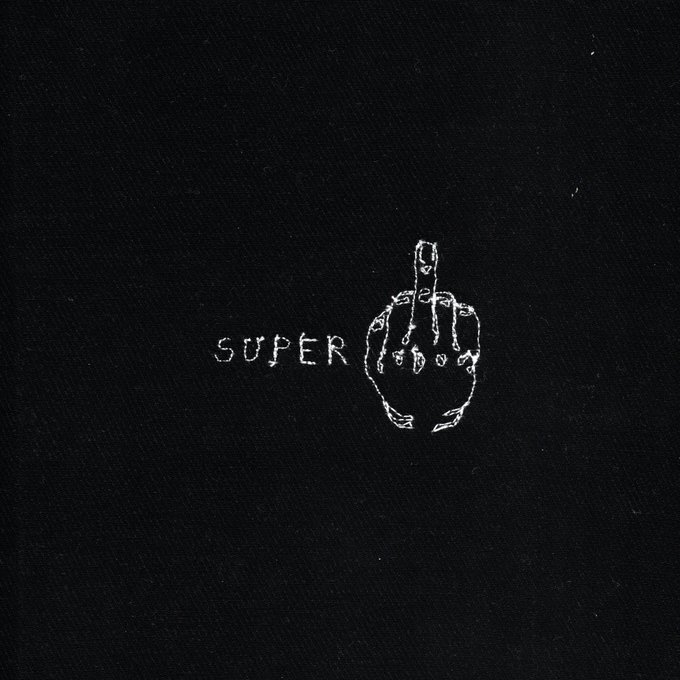 A black background with the word 'SUPER' next to a white line drawing of a hand making a middle finger gesture.