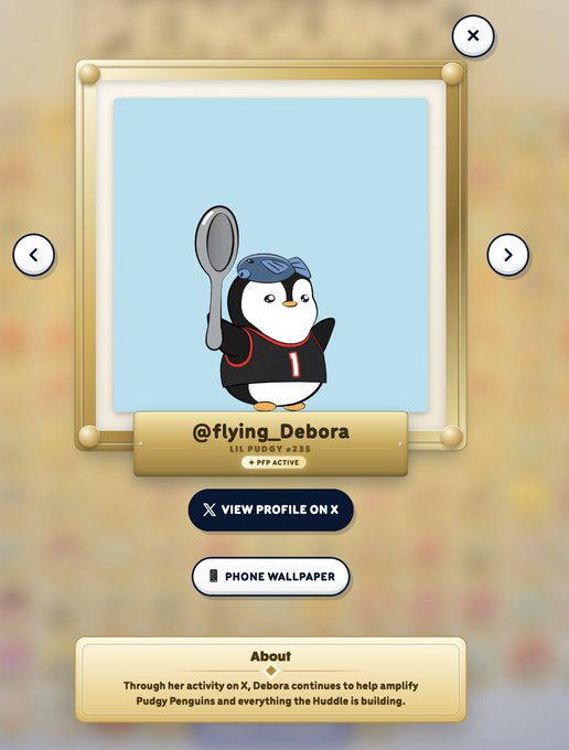 A profile card from the Pudgy Penguins ecosystem featuring a 2D cartoon penguin with a jetpack and spoon, labeled '@flying_Debora' and 'LIL PUDGY #235'.