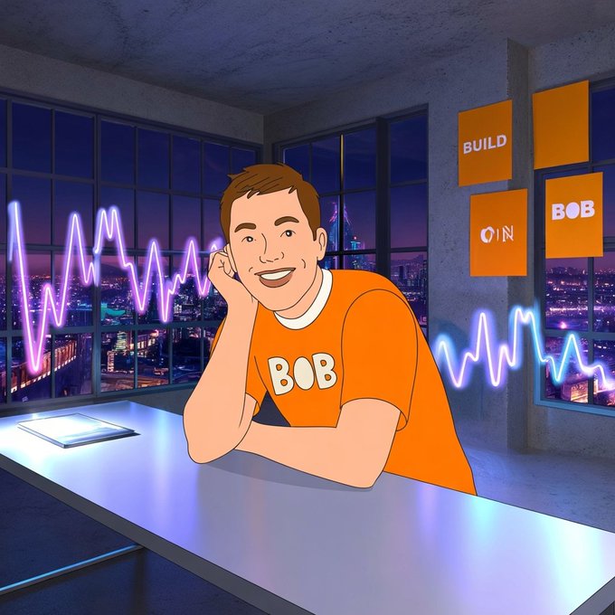 A cartoon illustration of a smiling man wearing an orange 'BOB' t-shirt sitting at a desk in a high-rise office at night, with purple waveform graphics and floating orange tiles reading 'BUILD,' 'COIN,' and 'BOB.'