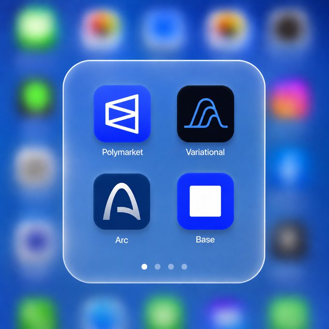 The image shows a phone screen displaying four different app icons against a blue background with some blurred colors around them. The top two icons are of Polymarket, while the other two are of Arc apps. The Polymarket app has the title "Polymarket" written on its front icon; however, it does not have an active app window showing any information or content within it. On the other hand, the Arc apps display their respective app titles and logos clearly on the icons in their respective positions. This indicates that the Polymarket app might be related to stock trading or financial activities, while the Arc app is likely focused on a specific business function or functionality.