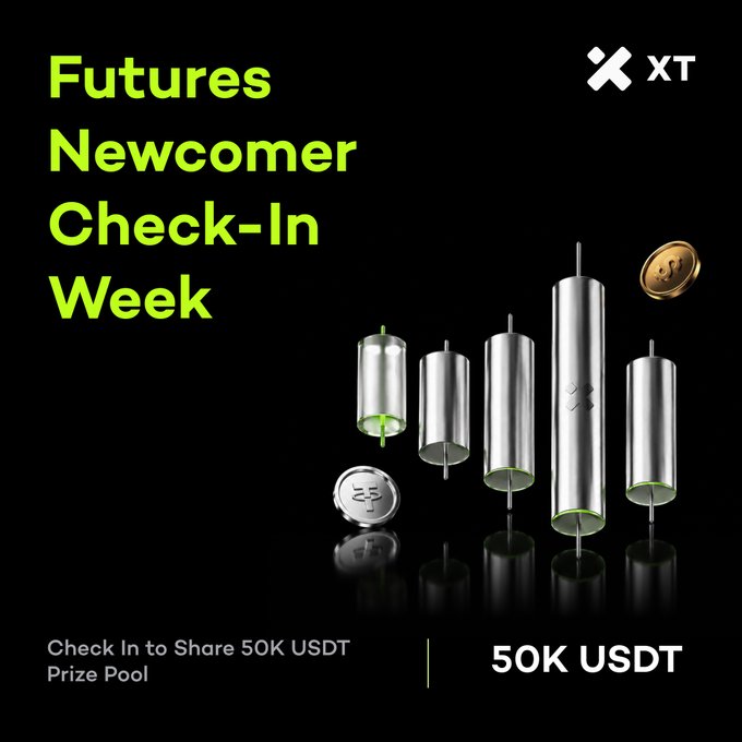 The XT cryptocurrency exchange promotes a "Futures Newcomer Check-In Week" promotion with a 50,000 USDT prize pool, encouraging new users to complete eligible tasks to earn USDT futures bonuses. The image features the green XT logo alongside silver candlestick-style graphics and floating gold coins, visually reinforcing the trading and rewards theme.