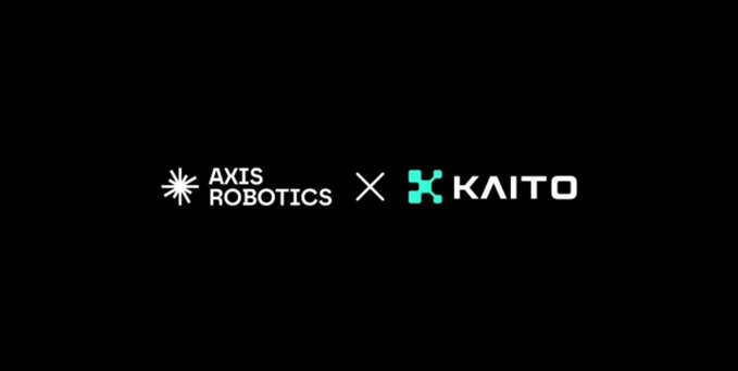 A black screen displays the white logo for 'AXIS ROBOTICS' alongside the green logo for 'KAITO', separated by an 'x' symbol.