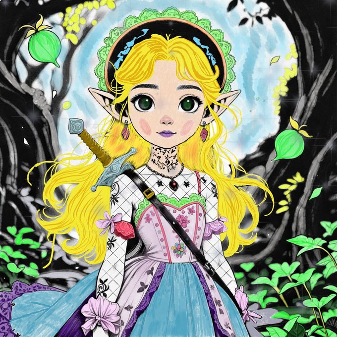 A colored illustration of a blonde elf-like girl with green eyes wearing a bonnet, detailed dress with flowers, and carrying a sword on her back, set in a fantasy forest scene.
