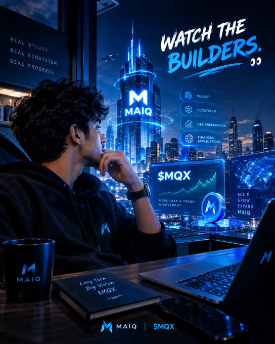 A promotional image for the MAIQ cryptocurrency project, showing a person looking out a window at a futuristic city. Text includes "WATCH THE BUILDERS", "MAIQ", "$MQX", "Real Utility, Real Ecosystem, Real Progress", and feature categories like "Wallet," "Ecosystem," and "CEX Preparation."