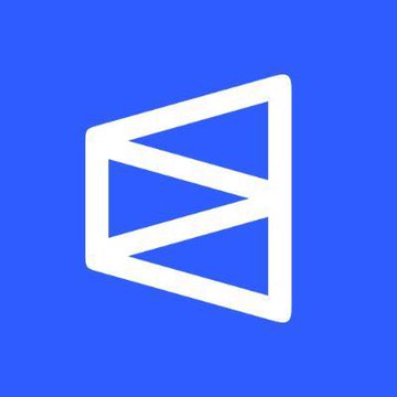 Blue square app icon featuring a white stylized play button or media symbol design.