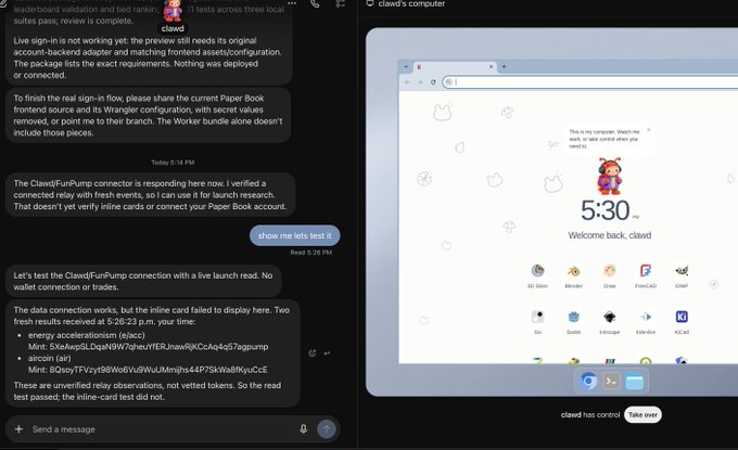 A split-screen chat view shows messages about a failed connection test on the left and a Claude computer page with icons and a 5:30 welcome screen on the right.