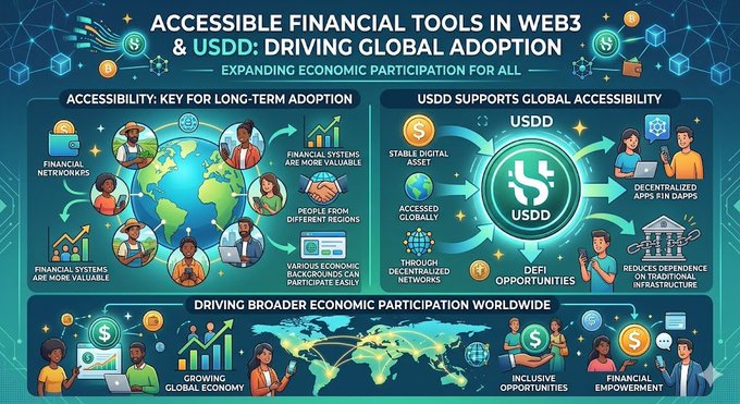 The image features a colorful poster that highlights the importance of accessible financial tools, particularly in Web3 technology. The poster emphasizes the need for inclusive design practices when developing financial systems, as they become more valuable when accessible to people from diverse backgrounds and regions. It also mentions the significance of USDD (Universal Design for Disability) in driving global economic participation.
