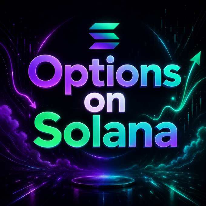 Vibrant neon graphic with the text 'Options on Solana' featuring purple and green glowing letters and upward trending arrows against a cosmic purple and teal background.