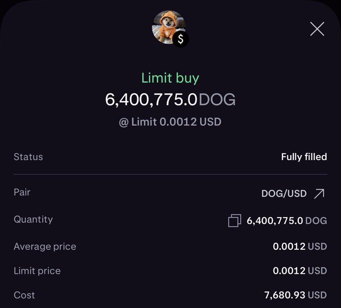 A Kraken exchange order confirmation showing a fully filled limit buy of 6,400,775.0 DOG at 0.0012 USD per coin, totaling 7,680.93 USD on the DOG/USD pair, corroborating the post's mention of a DOG purchase on Kraken/Kraken Pro.