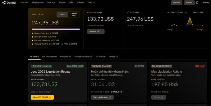 A Decibel dashboard interface in Vietnamese showing an account balance of 247.96 US$, borrowing 133.73 US$, with a June 2026 liquidation rebate section and a peak funding rate chart.