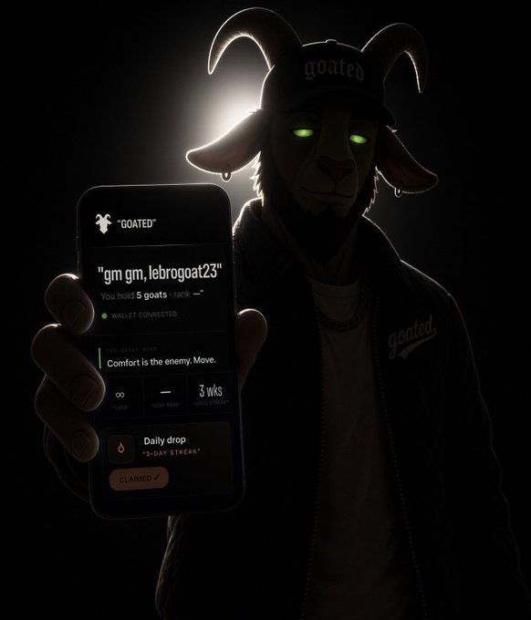 A dark, moody illustration of a goat character wearing a 'goated' cap and jacket with glowing green eyes, holding up a smartphone displaying a 'GOATED' app interface showing a message 'gm gm, lebrogoat23', 'You hold 5 goats', a 'Comfort is the enemy. Move.' daily quest, a 3-day streak, and a 'Daily drop' marked as CLAIMED.